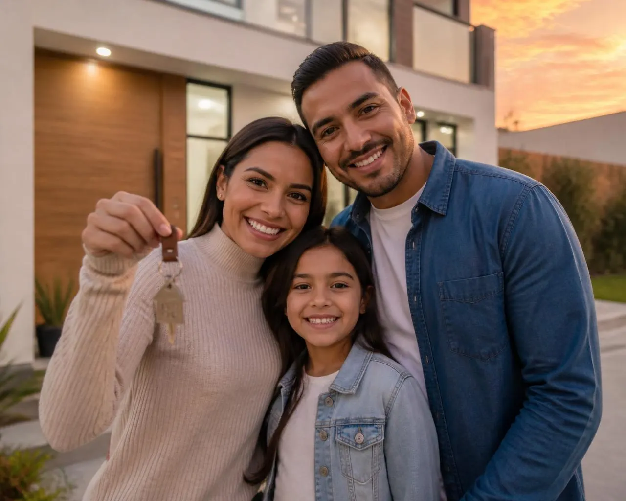 Familia mostrando las llaves frente a su nueva vivienda