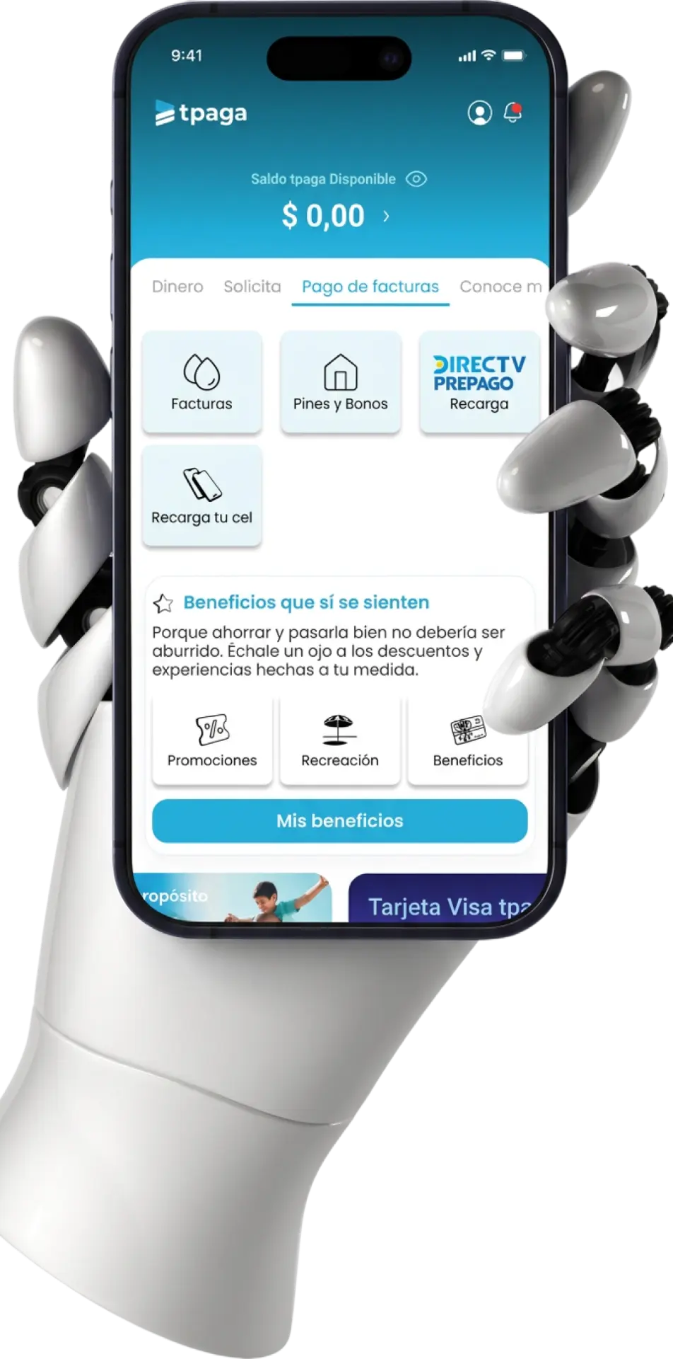 Celular con la App tpaga abierta en la sección Pago de facturas, con opciones de facturas, pines y bonos, recargas y beneficios